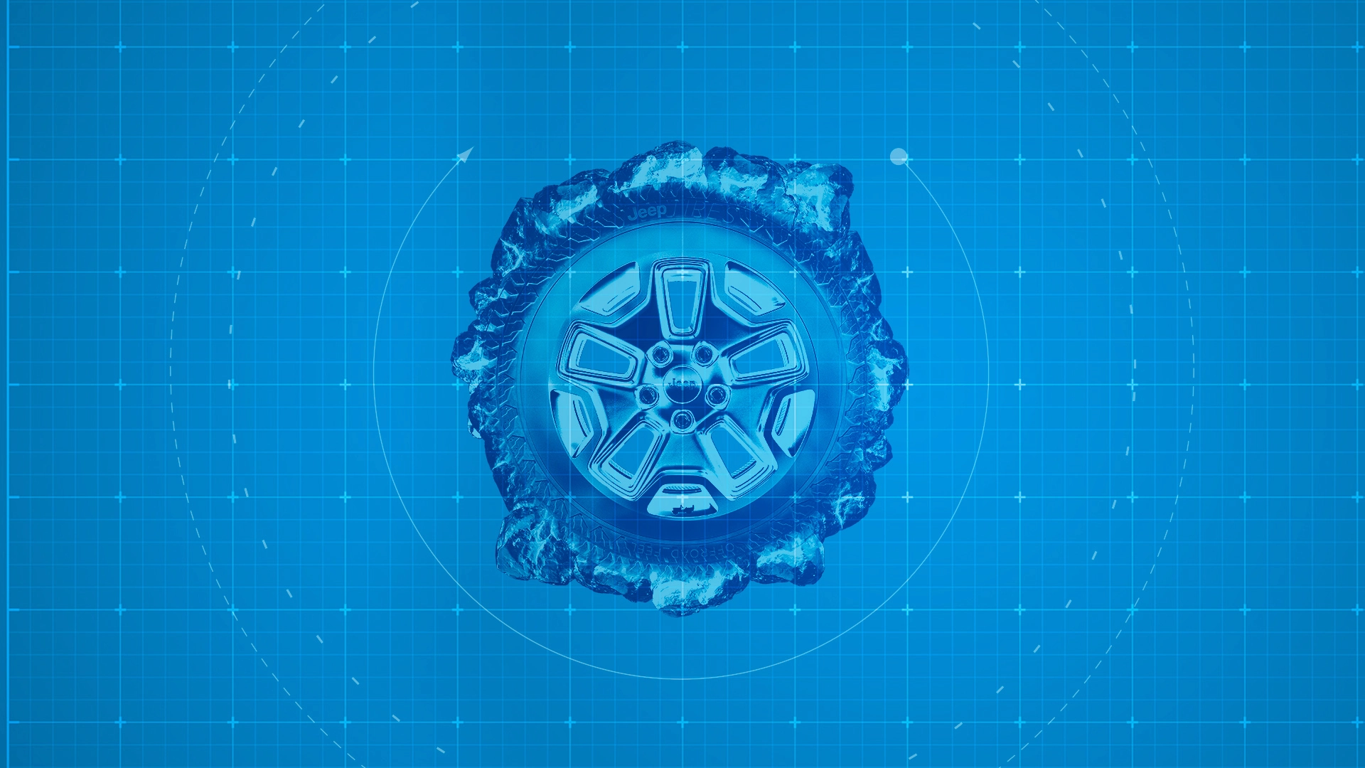 Eine Fotomontage im Stil einer technischen Blaupause zeigt den Reifen mit Gesteinsprofil von der Seite.