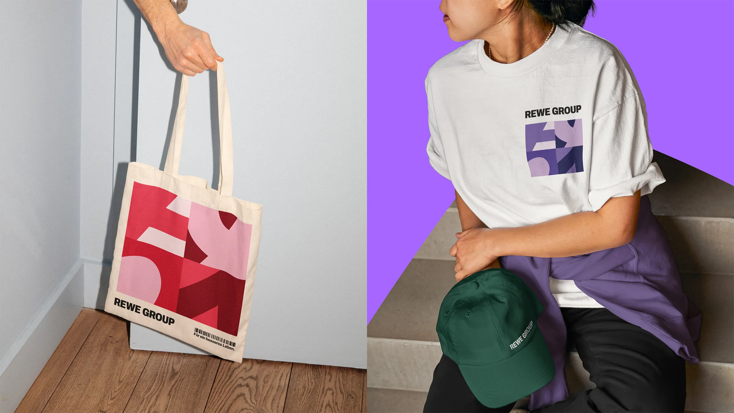 Merchandise im neuen REWE GROUP Corporate Design: Stoffbeutel, T-Shirt und Cap.