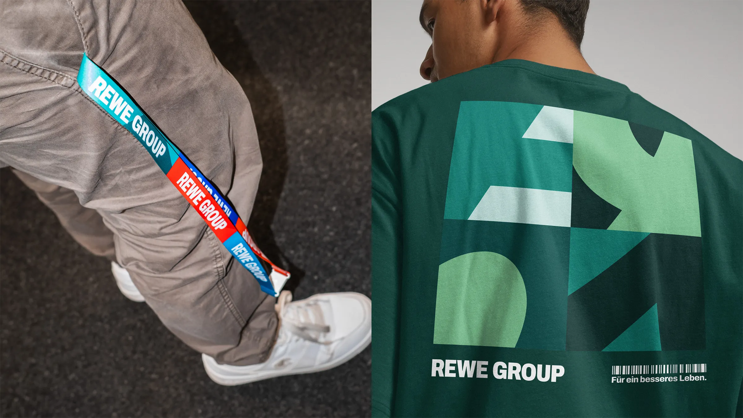 Merchandise im neuen REWE GROUP Corporate Design: Schlüsselband und T-Shirt.