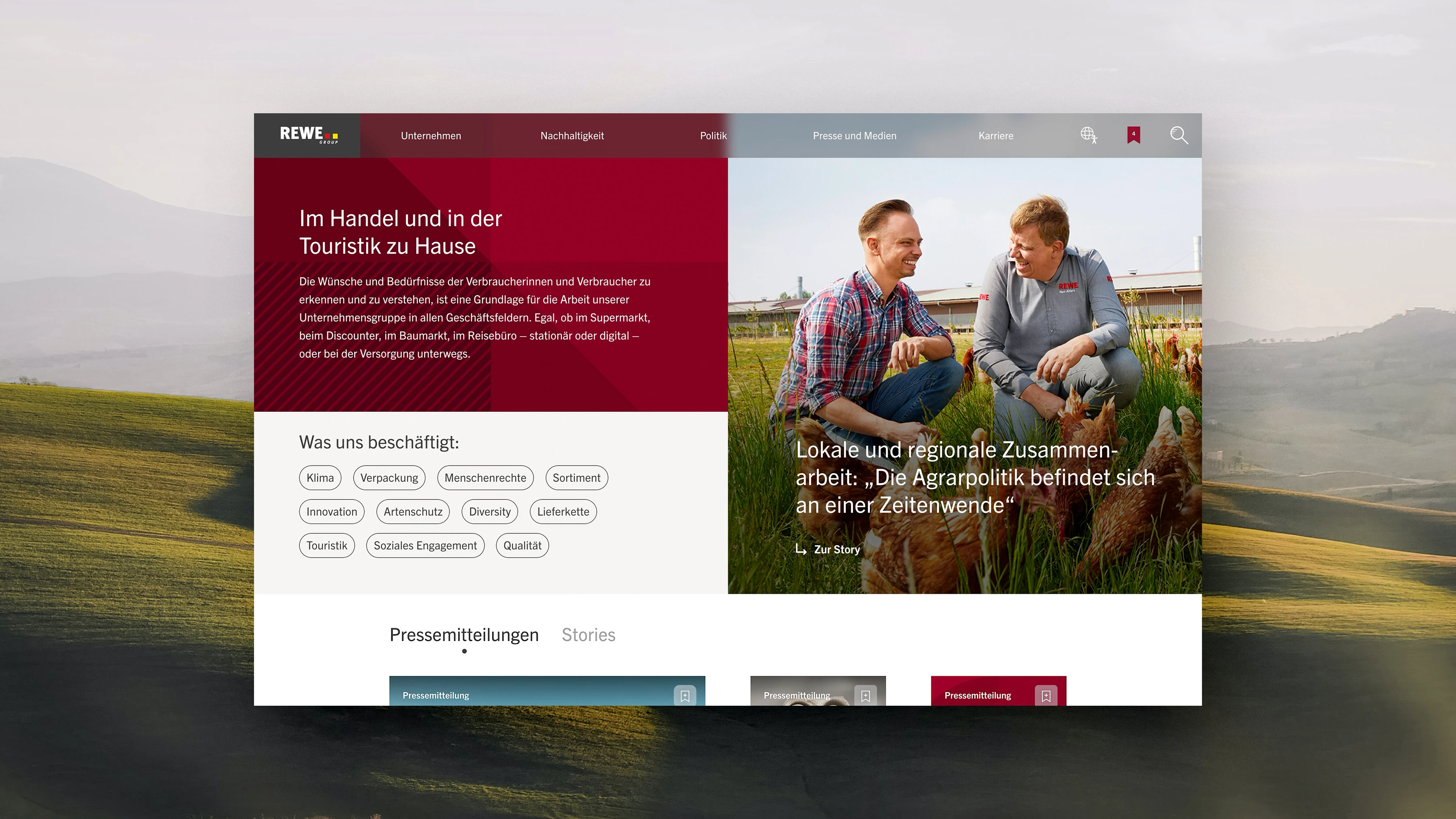 Die Startseite der Website der REWE Group.