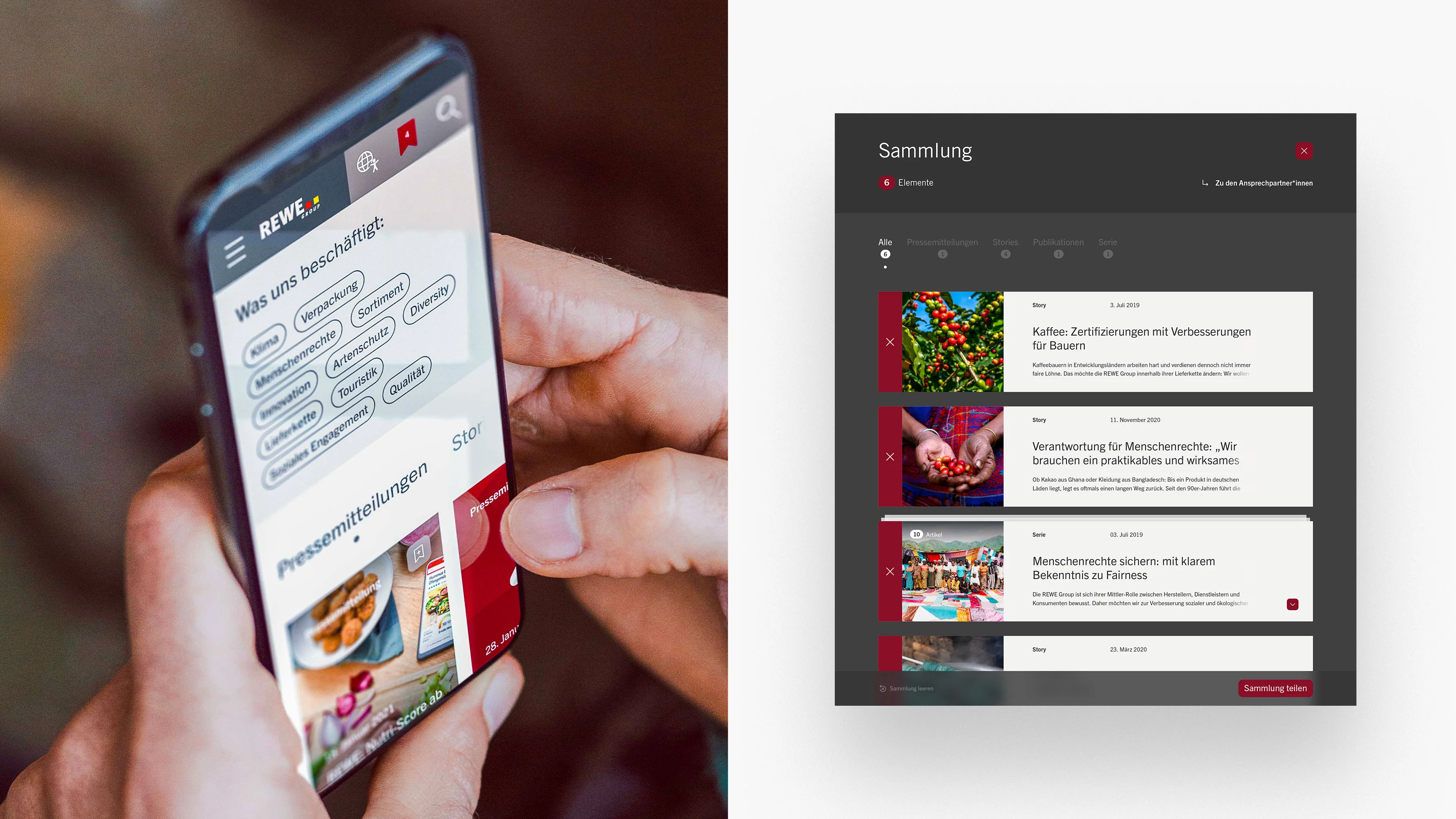 Eine Person hält ein Smartphone in der Hand, auf dem die Website der REWE Group geöffnet ist. Der Viewport zeigt Tags mit aktuellen Themen und die neuesten Pressemitteilungen. Auf der anderen Hälfte des Bilds wird der Sammlungsbereich der Website gezeigt, in welchem man sich Listen mit gemerkten Artikeln anlegen kann.